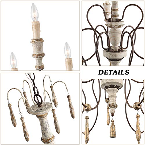 LALUZ Farmhouse Wood Chandeliers for Dining Rooms, 9-Light Distressed French Country Lighting, D39 H38