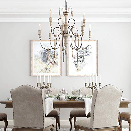 LALUZ Farmhouse Wood Chandeliers for Dining Rooms, 9-Light Distressed French Country Lighting, D39 H38