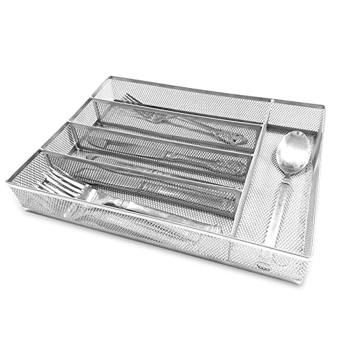 GBmall Metal Silverware Organizer, 5 Compartments Cooking Utensil Mesh Trays 12inch No-Slipping Drawer Organization for Office Home Kitchen