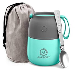 energify vacuum insulated food jar. 17oz thermos includes folding spoon and cup. hot & cold drinks, lunch container for kids and adults. made of premium bpa-free stainless steel, leak proof, blue