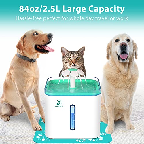 Cat Water Fountain, Bonve Pet 2.5L/84oz Automatic Pet Cat Water Fountain Dog Water Dispenser with Intelligent Pump and LED Indicator for Water Shortage Alert, with 3 Replacement Filters,1 Silicone Mat