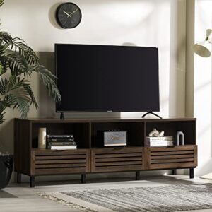 walker edison modern slatted wood tv stand for tv's up to 80" universal tv stand for flat screen living room storage cabinets and shelves entertainment center, 70 inch, dark walnut