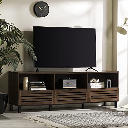 Walker Edison Modern Slatted Wood TV Stand for TV's up to 80" Universal TV Stand for Flat Screen Living Room Storage Cabinets and Shelves Entertainment Center, 70 Inch, Dark Walnut