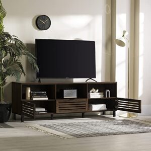 Walker Edison Modern Slatted Wood TV Stand for TV's up to 80" Universal TV Stand for Flat Screen Living Room Storage Cabinets and Shelves Entertainment Center, 70 Inch, Dark Walnut