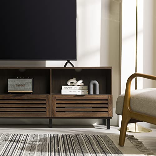 Walker Edison Modern Slatted Wood TV Stand for TV's up to 80" Universal TV Stand for Flat Screen Living Room Storage Cabinets and Shelves Entertainment Center, 70 Inch, Dark Walnut