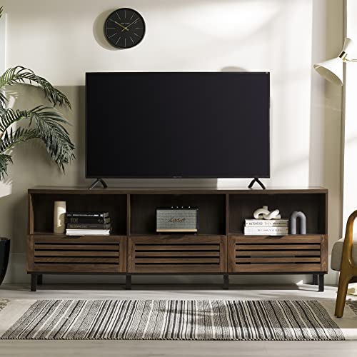 Walker Edison Modern Slatted Wood TV Stand for TV's up to 80" Universal TV Stand for Flat Screen Living Room Storage Cabinets and Shelves Entertainment Center, 70 Inch, Dark Walnut