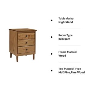 Walker Edison Traditional Wood 3 Drawer Nightstand Side Table Bedroom Storage Drawer and Shelf Bedside End Table, 18 Inch, Caramel