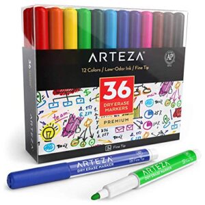 arteza dry erase markers fine tip, bulk pack of 36 low odor dry erase pens in 12 assorted colors, homeschool supplies whiteboard markers, office and school supplies for teachers