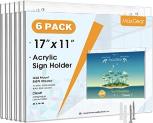 maxgear acrylic sign holder 11 x 17 inches wall mount sign holder with screws clear plastic wall sign holder acrylic frame for office, home, store, restaurant, landscape, 6 pack