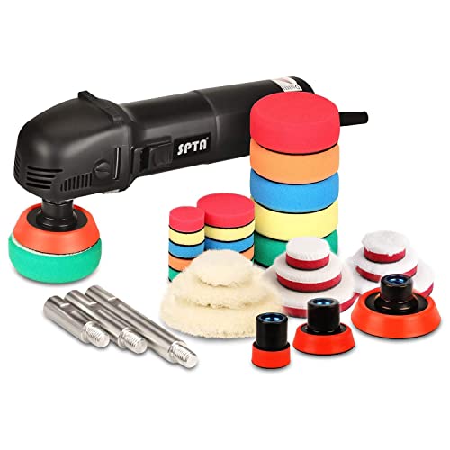 SPTA Mini Polishing Machine Buffer Rotary Polisher Auto Detailing Superpolish with 27Pcs Detail Polishing Pad Mix Size Kit Buffing Pad and 75mm,100mm,140mm M14 Thread Extension Shaft