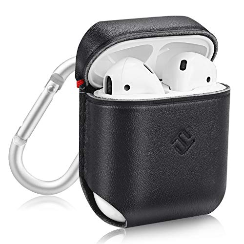 Fintie Genuine Leather Case for AirPods, Slim Fit Protective Cover Skin with Carabiner for AirPods 1 and AirPods 2, Black