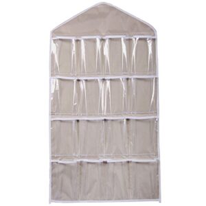 yomxl crystal clear hanger storage organizer 16 pockets over the door wall hanging storage bags for socks,bra,underwear organizer (medium, beige)