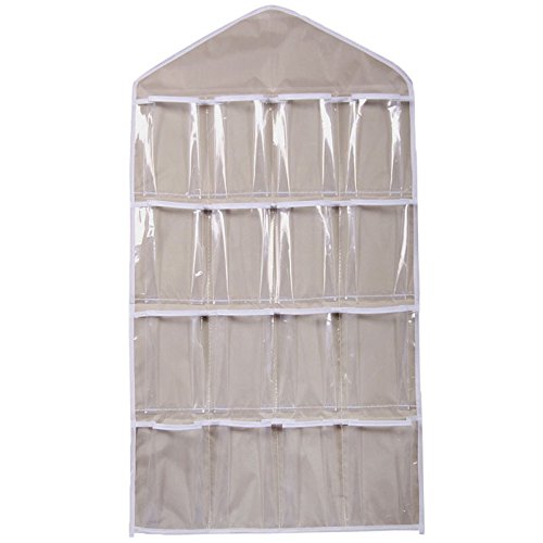 YOMXL Crystal Clear Hanger Storage Organizer 16 Pockets Over The Door Wall Hanging Storage Bags for Socks,Bra,Underwear Organizer (Medium, Beige)