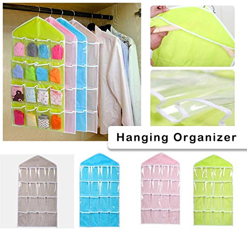 YOMXL Crystal Clear Hanger Storage Organizer 16 Pockets Over The Door Wall Hanging Storage Bags for Socks,Bra,Underwear Organizer (Medium, Beige)