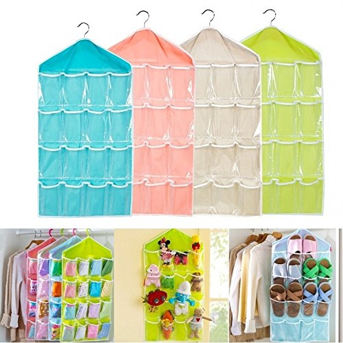 YOMXL Crystal Clear Hanger Storage Organizer 16 Pockets Over The Door Wall Hanging Storage Bags for Socks,Bra,Underwear Organizer (Medium, Beige)