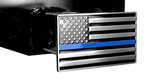 LFPartS USA Flag Metal Trailer Hitch Cover (Fits 2" Receivers, Black & Chrome with Thin Blue line)