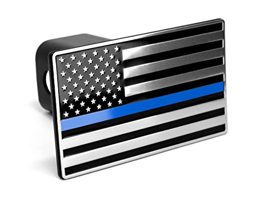 LFPartS USA Flag Metal Trailer Hitch Cover (Fits 2" Receivers, Black & Chrome with Thin Blue line)