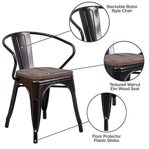 Flash Furniture Black-Antique Gold Metal Chair with Wood Seat and Arms