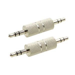 duttek 3.5mm male to male audio adapter, metal silver 3 pole 3.5mm stereo jack to 3.5mm stereo jack adapter, 1/8 inch male to male audio headphone jack coupler connectors - 2 pack