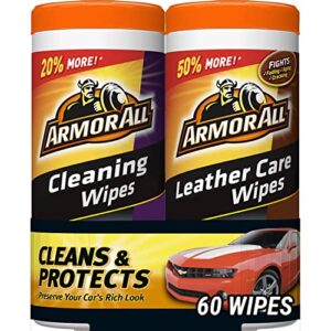 car cleaning wipes and leather wipes by armor all, use on car interior, truck interior and motorcycle interior, 30 count each, 2 pack
