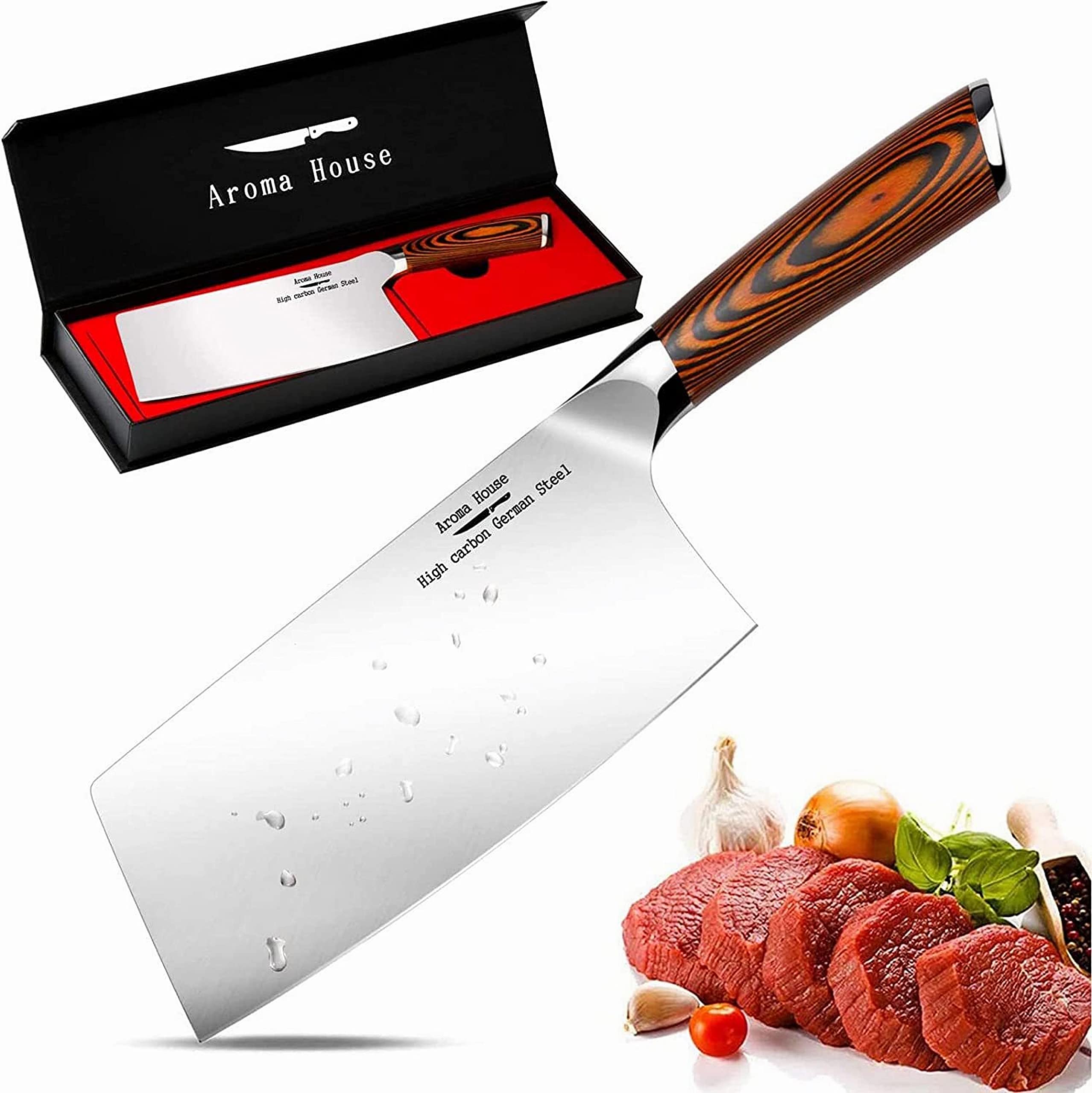 Aroma House Meat Cleaver 7 Inch, Cleaver Knife for Meat Cutting, High Carbon German Stainless Steel with Ergonomic Handle for Home, Kitchen & Restaurant, Kitchen Gift.