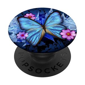 pretty blue butterfly with pink flowers popsockets popgrip: swappable grip for phones & tablets
