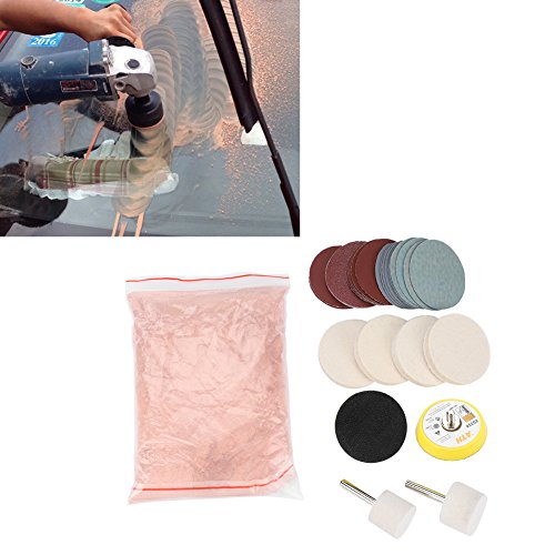 Glass Polishing Kit Scratch Removal Set 34 Pcs Deep Scratch Remover Ceric Dioxide Abrasive Discs Polish Pad Felt for Windscreen and Glass