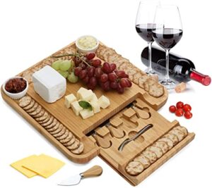 bamboo charcuterie boards cheese board set premium large cheese platter & serving tray 4 stainless steel knife house warming gifts new home housewarming gift for her mom wife women wedding anniversary