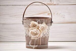 rustic flower girl basket, wedding bucket with ivory organza, rustic style driftwood flower girl basket, woodland wedding ceremony, bridal gift