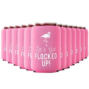 let's get flocked up!, set of 12 pink and white can coolers cups, flamingo can coolers perfect flamingo party supplies, final flamingle bachelorette party, and bridal showers