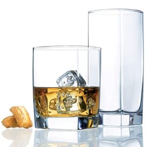 durable drinking glasses set of 16 | glassware set includes 8 highball glasses (16 oz) 8 rocks glasses (13 oz) heavy base glass cups for water, juice, beer, wine, and cocktails