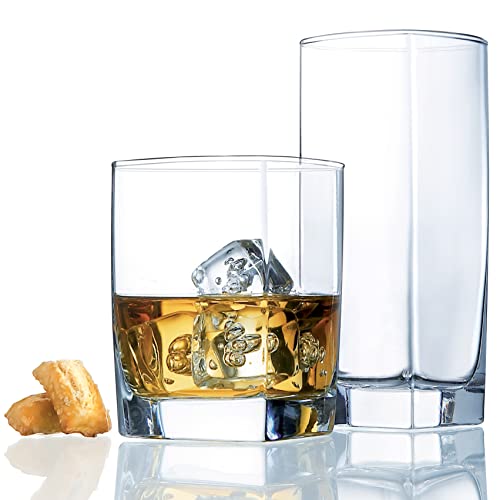 Durable Drinking Glasses Set of 16 | Glassware Set Includes 8 Highball Glasses (16 oz) 8 Rocks Glasses (13 oz) Heavy Base Glass Cups for Water, Juice, Beer, Wine, and Cocktails