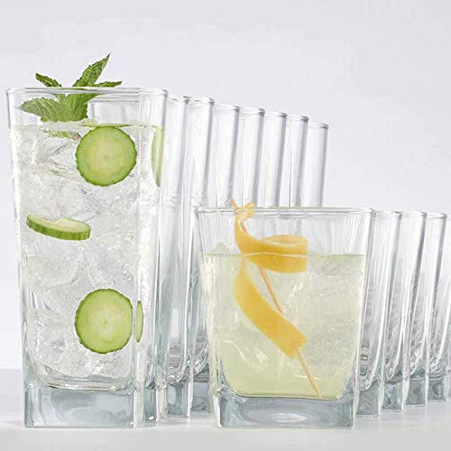 Durable Drinking Glasses Set of 16 | Glassware Set Includes 8 Highball Glasses (16 oz) 8 Rocks Glasses (13 oz) Heavy Base Glass Cups for Water, Juice, Beer, Wine, and Cocktails