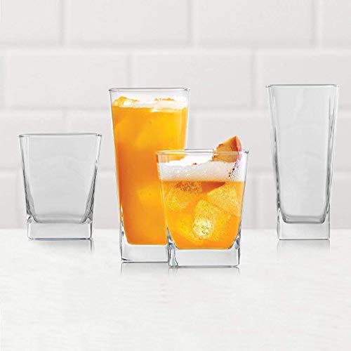 Durable Drinking Glasses Set of 16 | Glassware Set Includes 8 Highball Glasses (16 oz) 8 Rocks Glasses (13 oz) Heavy Base Glass Cups for Water, Juice, Beer, Wine, and Cocktails