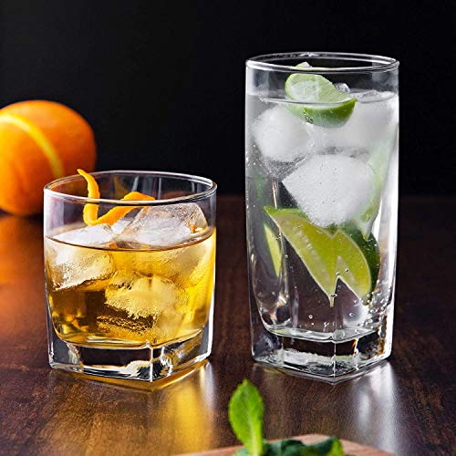 Durable Drinking Glasses Set of 16 | Glassware Set Includes 8 Highball Glasses (16 oz) 8 Rocks Glasses (13 oz) Heavy Base Glass Cups for Water, Juice, Beer, Wine, and Cocktails