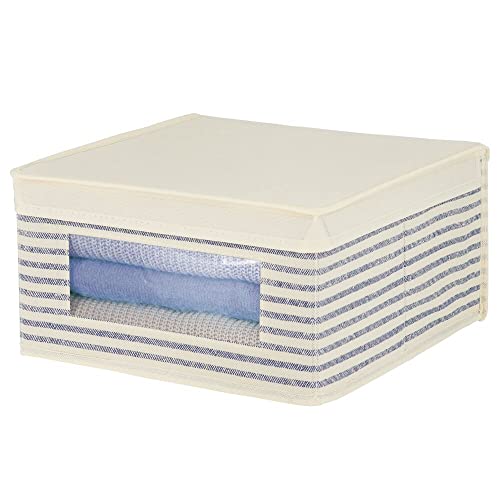 mDesign Medium Fabric Stackable Closet Storage Organizer Box, Front Window/Lid for Bedroom, Office, Mudroom Organization, Hold Clothes, Blankets, Linens, Lido Collection, 4 Pack, Natural/Blue Stripe