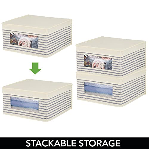 mDesign Medium Fabric Stackable Closet Storage Organizer Box, Front Window/Lid for Bedroom, Office, Mudroom Organization, Hold Clothes, Blankets, Linens, Lido Collection, 4 Pack, Natural/Blue Stripe