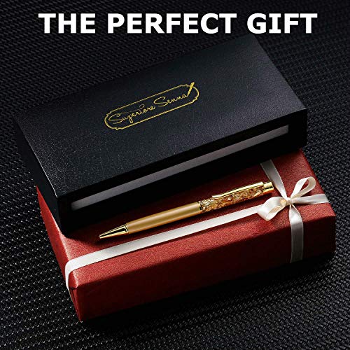 Superiore Senna Italian Black Ink Gold Pen - Gift Box Luxury Pen with Real 24K Gold Flakes and 2 Ink Cartridges - Cute, Fancy Pens for Wedding, Gold Office Supplies for Women, Desk Gifts for Men