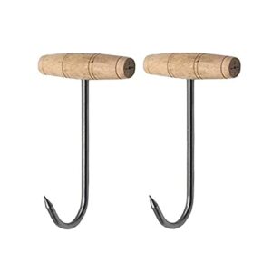 tinsow 2pcs stainless steel t hooks t-handle meat boning hook for kitchen butcher shop restaurant bbq tool (wooden handle)