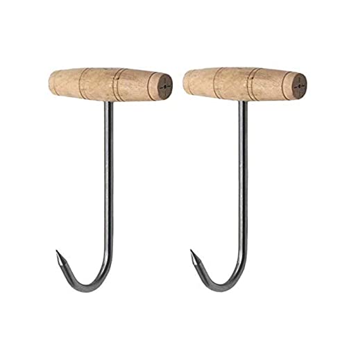 Tinsow 2pcs Stainless Steel T Hooks T-Handle Meat Boning Hook for Kitchen Butcher Shop Restaurant BBQ Tool (Wooden Handle)