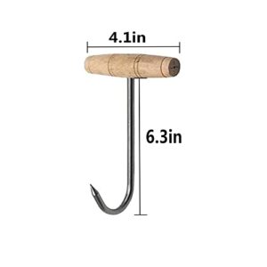 Tinsow 2pcs Stainless Steel T Hooks T-Handle Meat Boning Hook for Kitchen Butcher Shop Restaurant BBQ Tool (Wooden Handle)