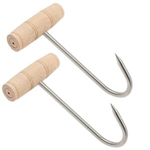 Tinsow 2pcs Stainless Steel T Hooks T-Handle Meat Boning Hook for Kitchen Butcher Shop Restaurant BBQ Tool (Wooden Handle)