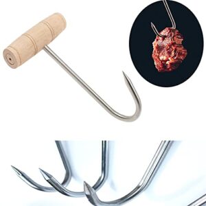 Tinsow 2pcs Stainless Steel T Hooks T-Handle Meat Boning Hook for Kitchen Butcher Shop Restaurant BBQ Tool (Wooden Handle)