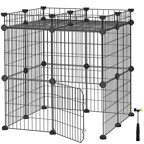 SONGMICS Pet Playpen Includes Zip Ties, Customizable Animal Fence with Storage, Door, Metal Wire Pen Fence for Small Animals, Bunnies, Rabbits, Puppy Guinea Pigs, for Indoor Use, Black ULPI03H