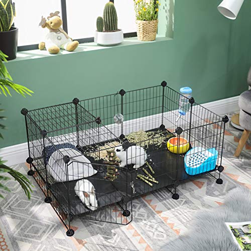 SONGMICS Pet Playpen Includes Zip Ties, Customizable Animal Fence with Storage, Door, Metal Wire Pen Fence for Small Animals, Bunnies, Rabbits, Puppy Guinea Pigs, for Indoor Use, Black ULPI03H