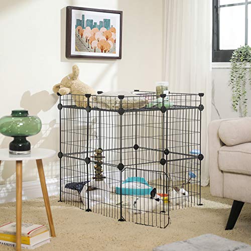 SONGMICS Pet Playpen Includes Zip Ties, Customizable Animal Fence with Storage, Door, Metal Wire Pen Fence for Small Animals, Bunnies, Rabbits, Puppy Guinea Pigs, for Indoor Use, Black ULPI03H