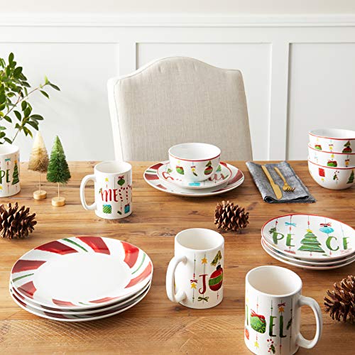 American Atelier Holiday Dinnerware Set – 16-Piece Christmas-Themed Stoneware Dinner Party Collection w/ 4 Dinner Plates, 4 Salad Plates, 4 Bowls & 4 Mugs – Unique Gift Idea for Christmas or Birthday