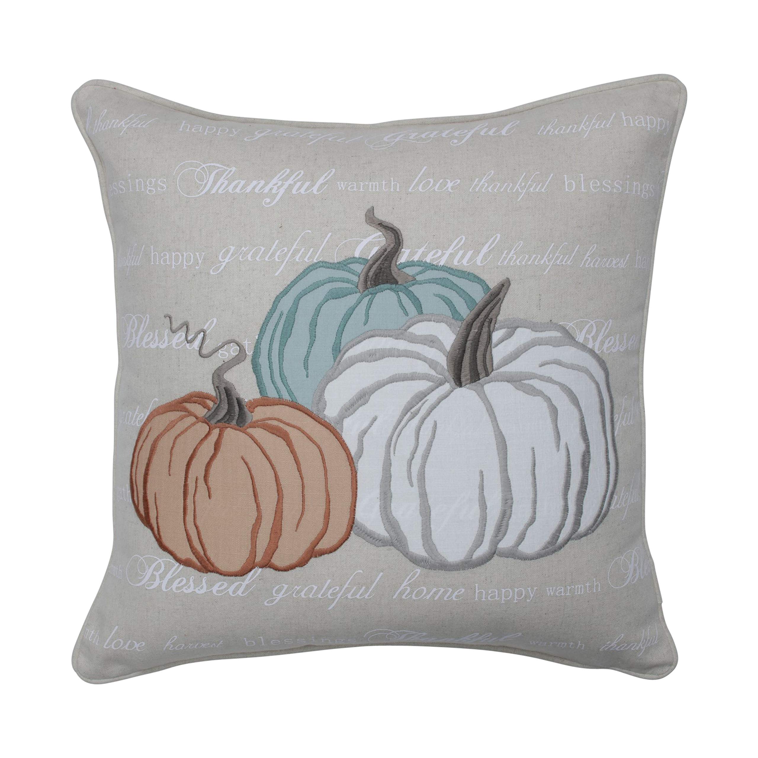 Pillow Perfect Indoor Appliqué Harvest Pumpkins Throw Pillow, 18” x 18”, Natural