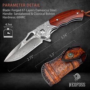 NedFoss Damascus Pocket Knife for Men, 6.5" Handmade Forged VG10 Damascus Steel Folding Knife with Retro Leather Sheath, Sandalwood Handle, EDC Cool Knives for Mens Gift