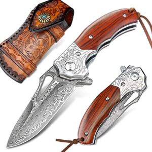 nedfoss damascus pocket knife for men, 6.5" handmade forged vg10 damascus steel folding knife with retro leather sheath, sandalwood handle, edc cool knives for mens gift